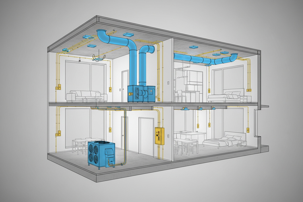 show a house with hvac and electrical material highlighted in it 