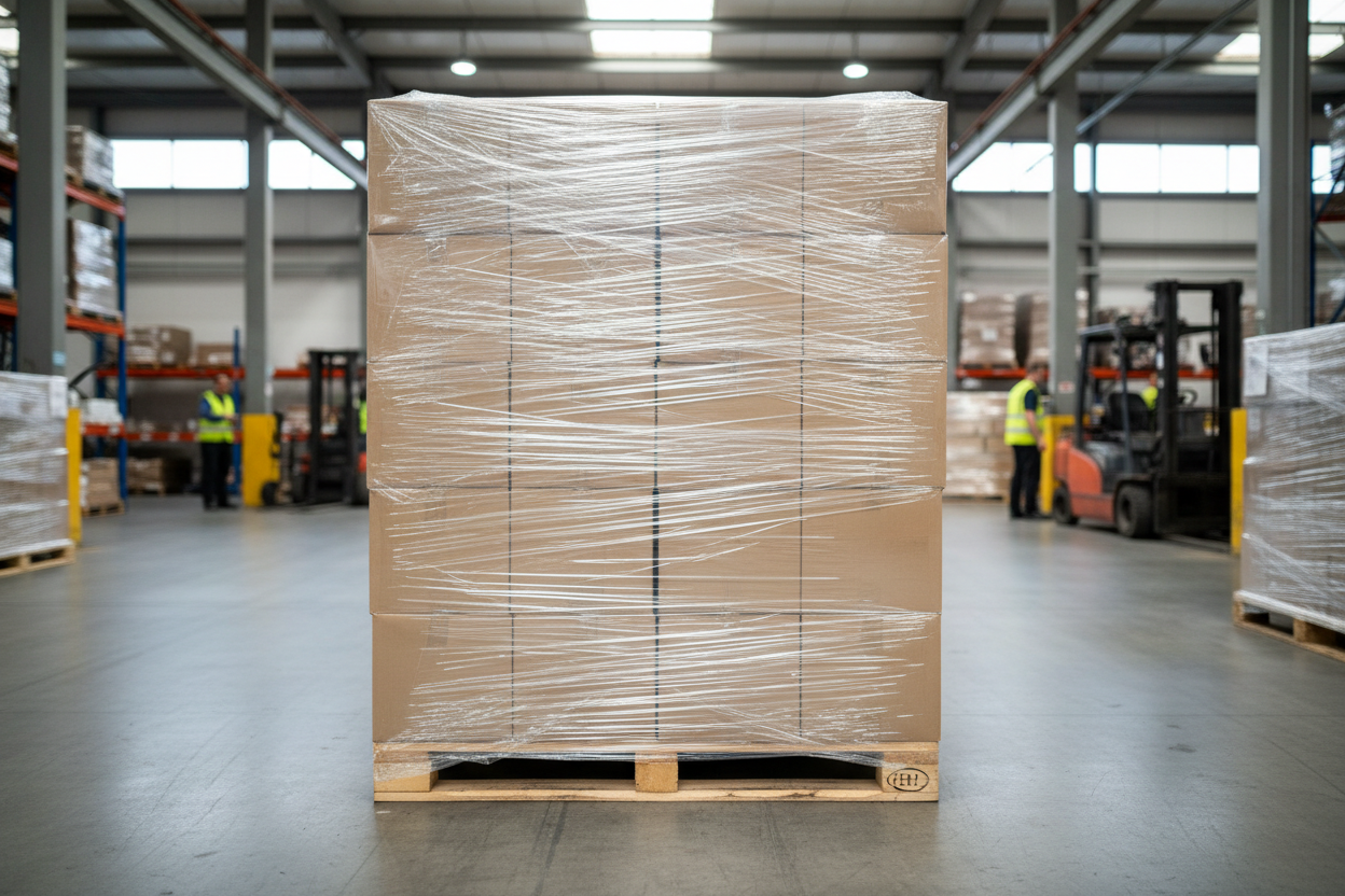 show skid full of boxes shrink wraped